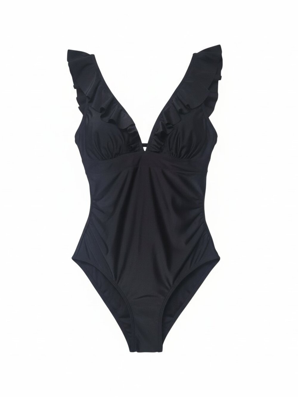 NWT Cupshe One Piece Swimsuit M Black Ruffle Plunge Open Back Lace Up Sexy
